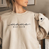 Personnalisé Mama Est. Sweat-shirt avec prénoms d'enfants sur la manche, idée cadeau pour la fête des mères