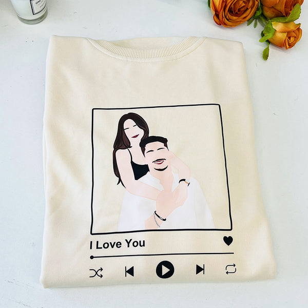 Cadeau voor vriend, gepersonaliseerd koppel, portret zonder gezicht met liedje, hoodie met print/ronde hals