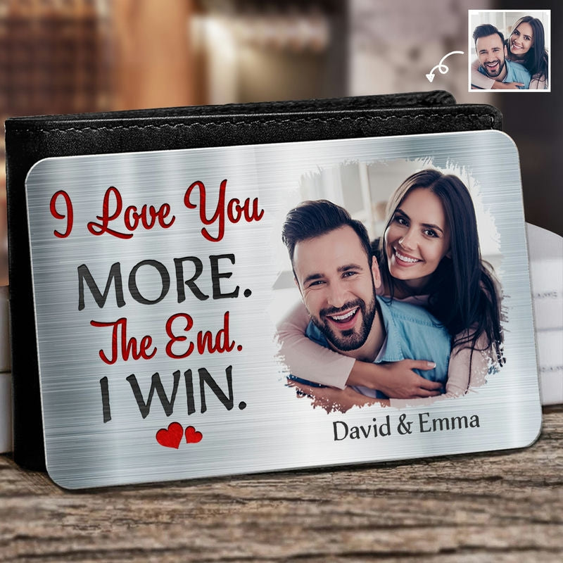 Gepersonaliseerde aluminium portemonneekaart met foto I Love You voor koppels