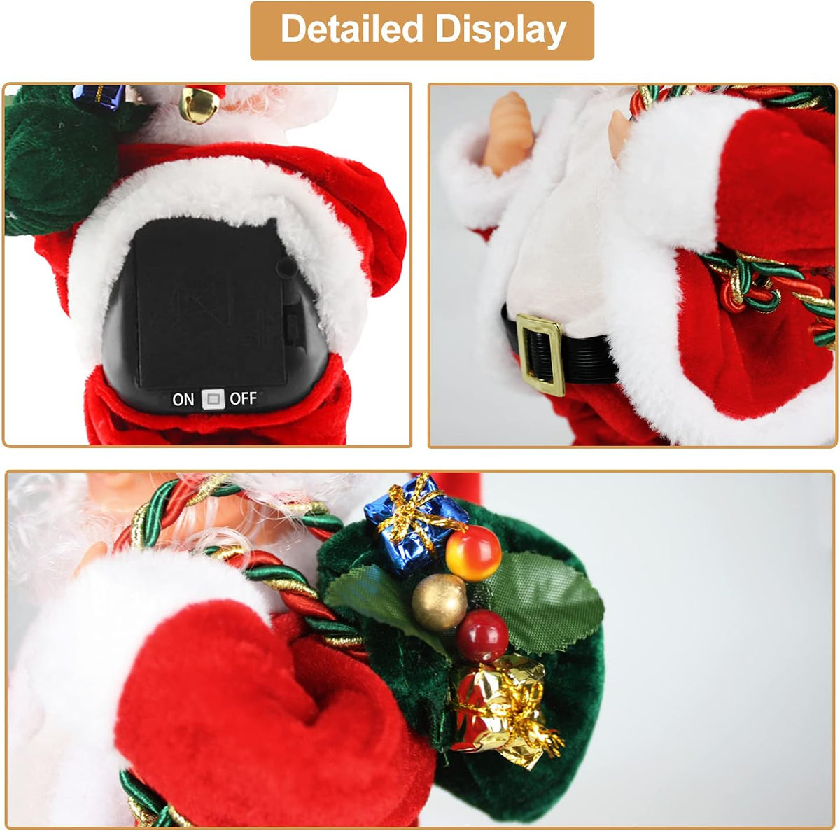 Elektrische Kerstman, gouden draadbril, schuddende buik, Kerstman, zingen, dansen, Kerstmis, Kerstman, speelgoed, Kerstmis, elektrische poppen voor kinderen