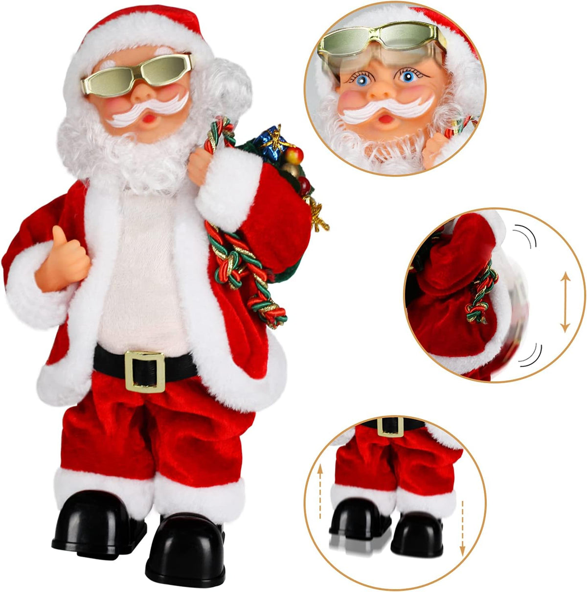 Elektrische Kerstman, gouden draadbril, schuddende buik, Kerstman, zingen, dansen, Kerstmis, Kerstman, speelgoed, Kerstmis, elektrische poppen voor kinderen