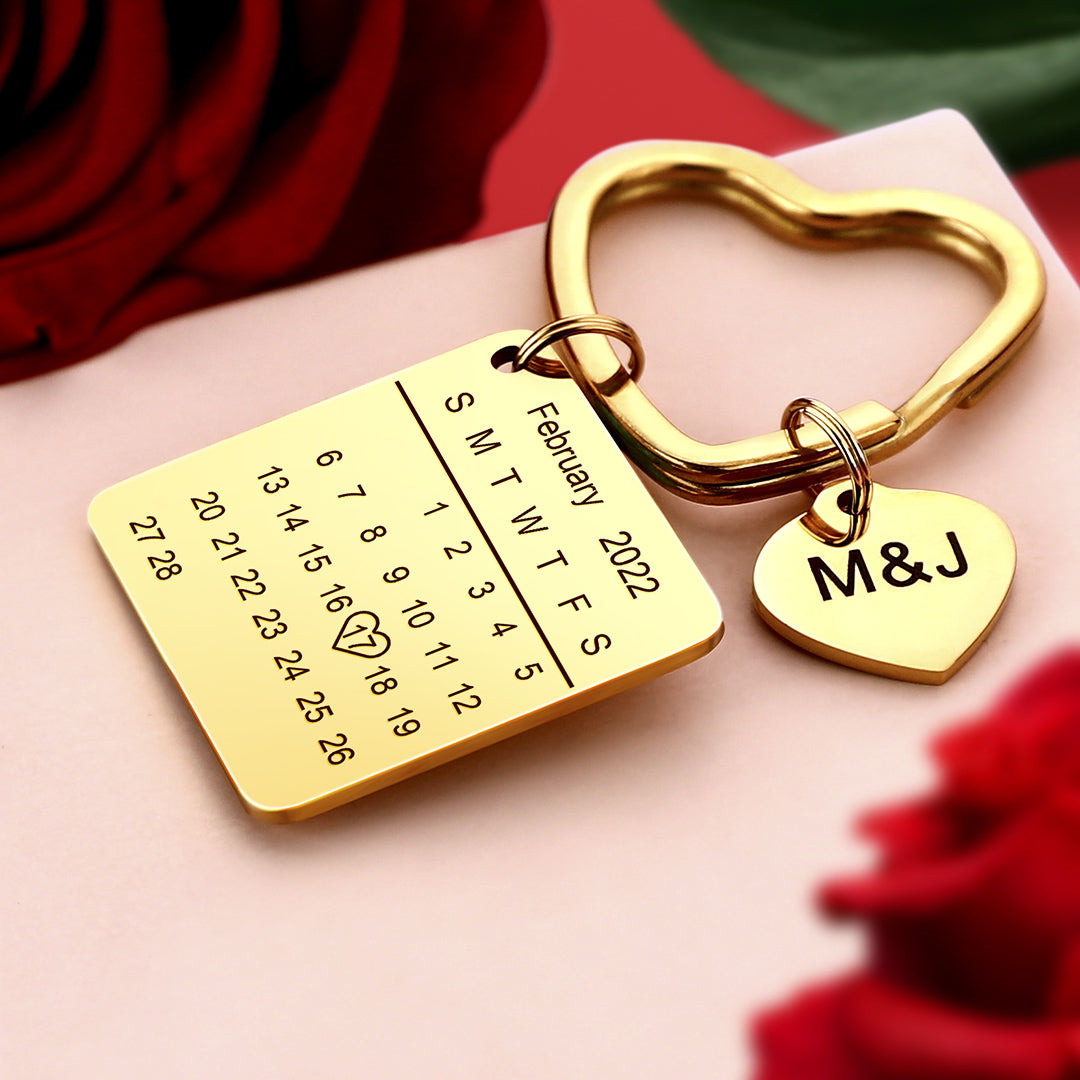 Jubileumcadeaus, gepersonaliseerde kalender sleutelhanger, hartvormige sleutelhanger