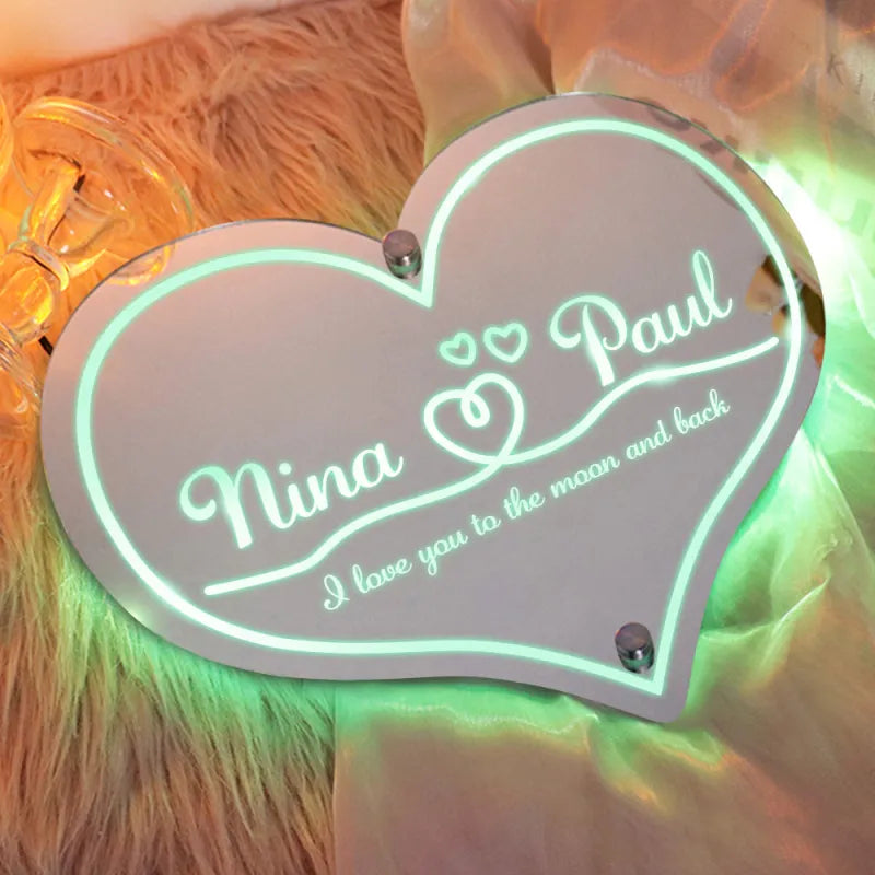 Cadeaux de mariage personnalisés avec miroir lumineux en forme de cœur