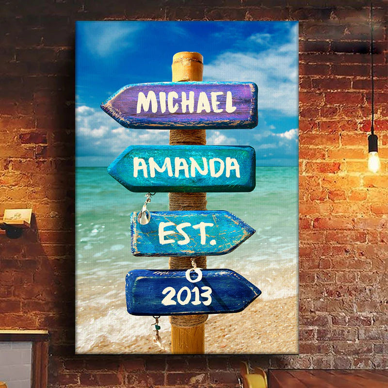 Ik hou van je tot aan het strand en terug – gepersonaliseerd verticaal canvas voor koppels – cadeau voor man, vrouw, jubileum