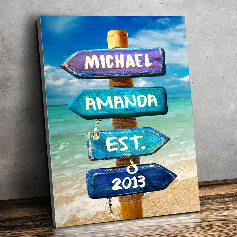 Ik hou van je tot aan het strand en terug – gepersonaliseerd verticaal canvas voor koppels – cadeau voor man, vrouw, jubileum