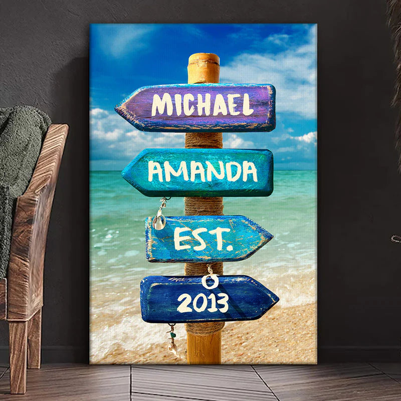 Ik hou van je tot aan het strand en terug – gepersonaliseerd verticaal canvas voor koppels – cadeau voor man, vrouw, jubileum