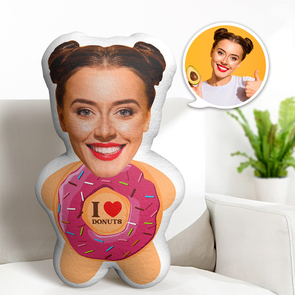 Minikussentje met gepersonaliseerd gezicht, ik hou van donuts, gepersonaliseerd fotominikussentje, knuffelpop
