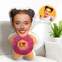 Minikussentje met gepersonaliseerd gezicht, ik hou van donuts, gepersonaliseerd fotominikussentje, knuffelpop