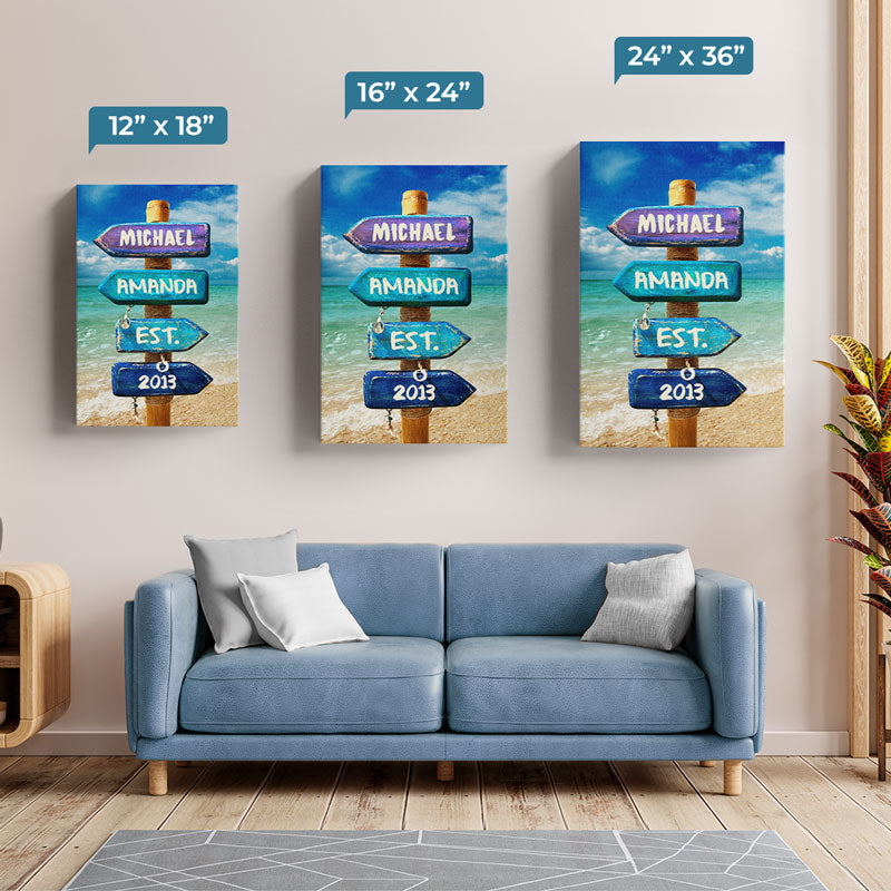 Ik hou van je tot aan het strand en terug – gepersonaliseerd verticaal canvas voor koppels – cadeau voor man, vrouw, jubileum