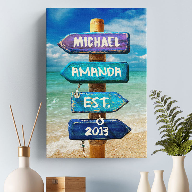 Ik hou van je tot aan het strand en terug – gepersonaliseerd verticaal canvas voor koppels – cadeau voor man, vrouw, jubileum