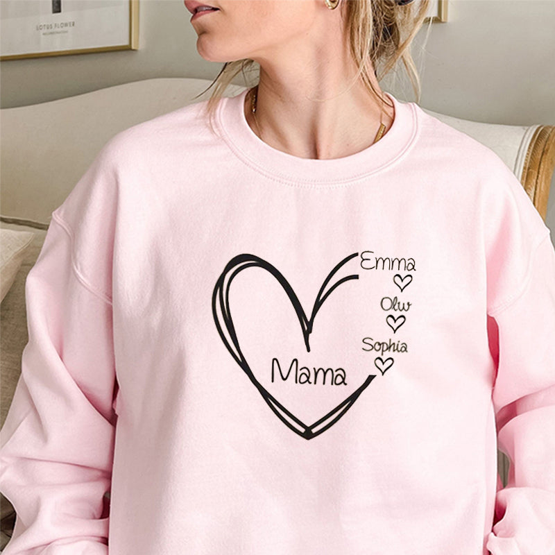 Sweat-shirt avec le nom de l'enfant, sweat-shirt imprimé cœur Grandma Nana Gigi Mom Mama, cadeau fête des mères, cadeau pour nouvelle maman