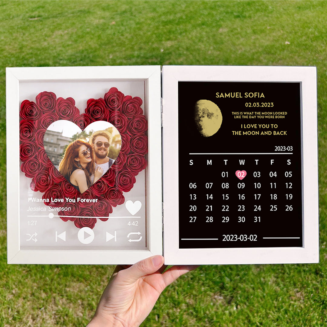 (Hart met lied) Aangepast bloemenframe met ECHTE MAANSTAND Jubileumkalender