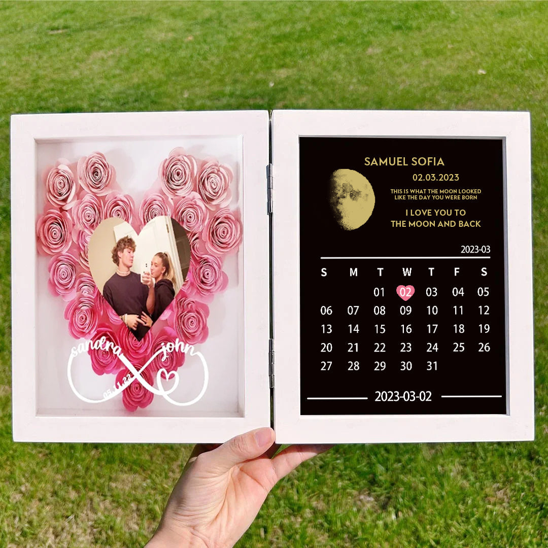 (Oneindigheidsbord met naam) Aangepast bloemenframe met ECHTE MAANSTAND jubileumkalender