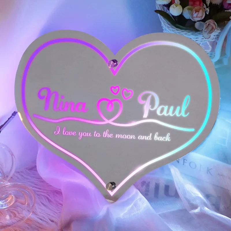 Cadeaux de mariage personnalisés avec miroir lumineux en forme de cœur