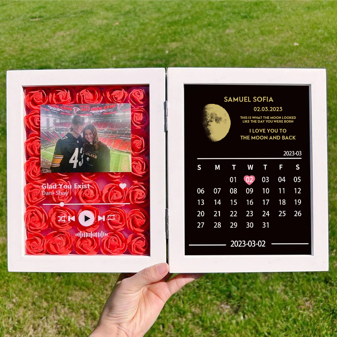 (Vierkant met lied) Aangepast bloemenlijstje met ECHTE MAANSTAND jubileumkalender