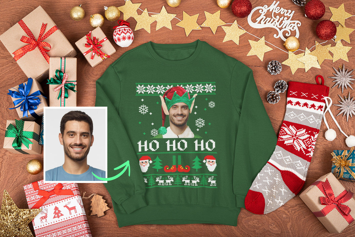 Gepersonaliseerde lelijke kersttrui, muts en sweatshirt. Lelijke kersttrui met afbeelding