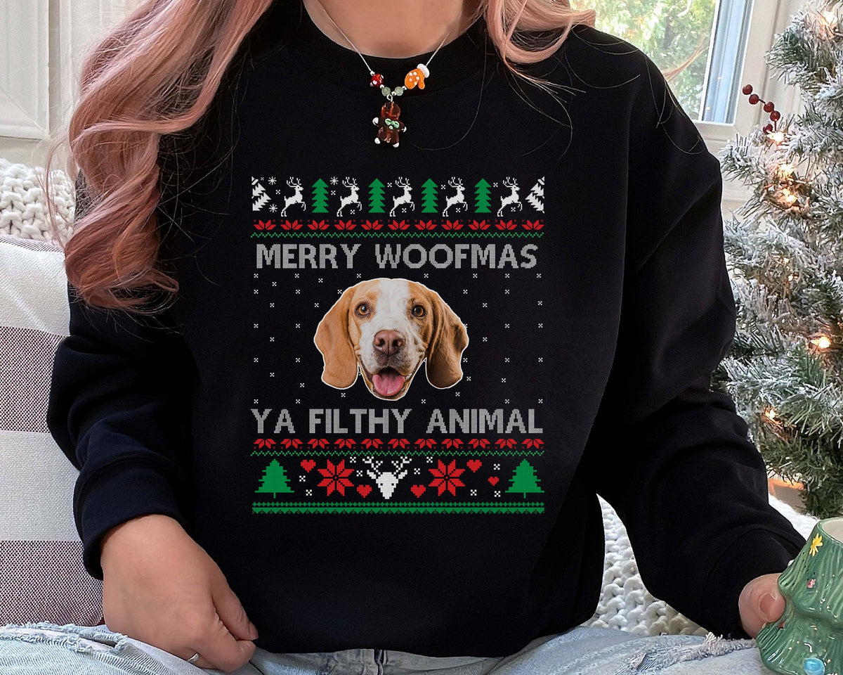 Lelijke kersttrui met foto, bijpassende kersttrui voor koppels, grappige trui met hondenkop, gepersonaliseerde trui voor hondenliefhebbers, cadeau voor dierenliefhebbers