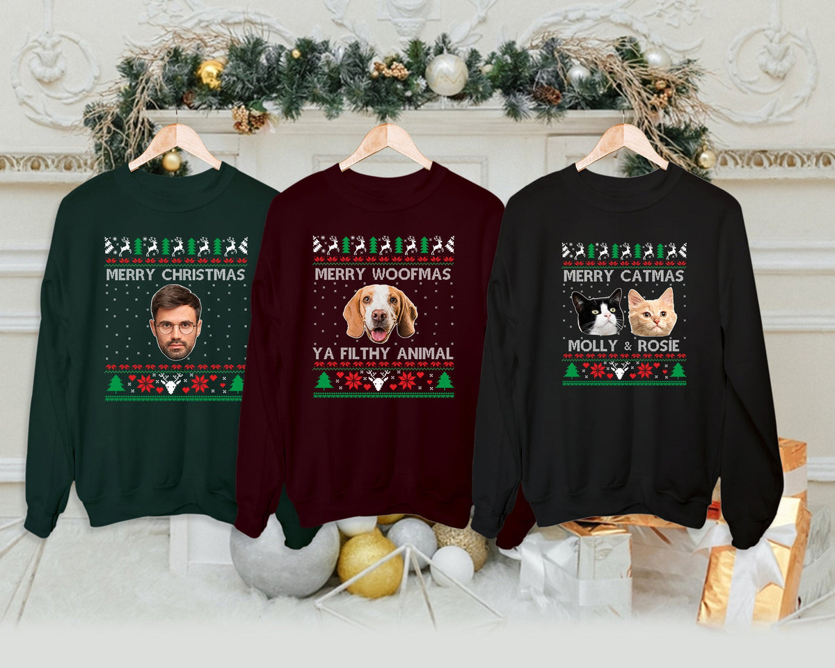 Lelijke kersttrui met foto, bijpassende kersttrui voor koppels, grappige trui met hondenkop, gepersonaliseerde trui voor hondenliefhebbers, cadeau voor dierenliefhebbers