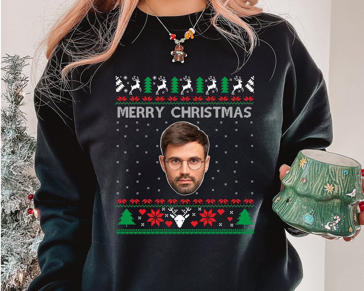 Lelijke kersttrui met foto, bijpassende kersttrui voor koppels, grappige trui met hondenkop, gepersonaliseerde trui voor hondenliefhebbers, cadeau voor dierenliefhebbers