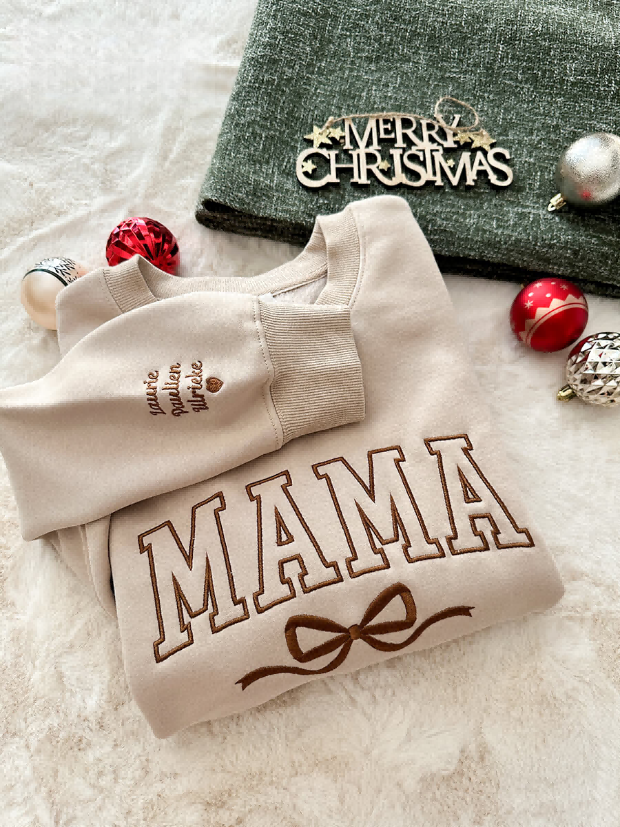 Besticktes Mama Schleifen-Sweatshirt mit Kindernamen, Geschenkidee für Mama