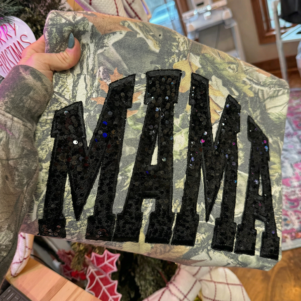 Personalisiertes Pailletten-Sweatshirt MAMA mit Glitzerbuchstaben im Vintage-Stil – das perfekte Muttertagsgeschenk für Mama