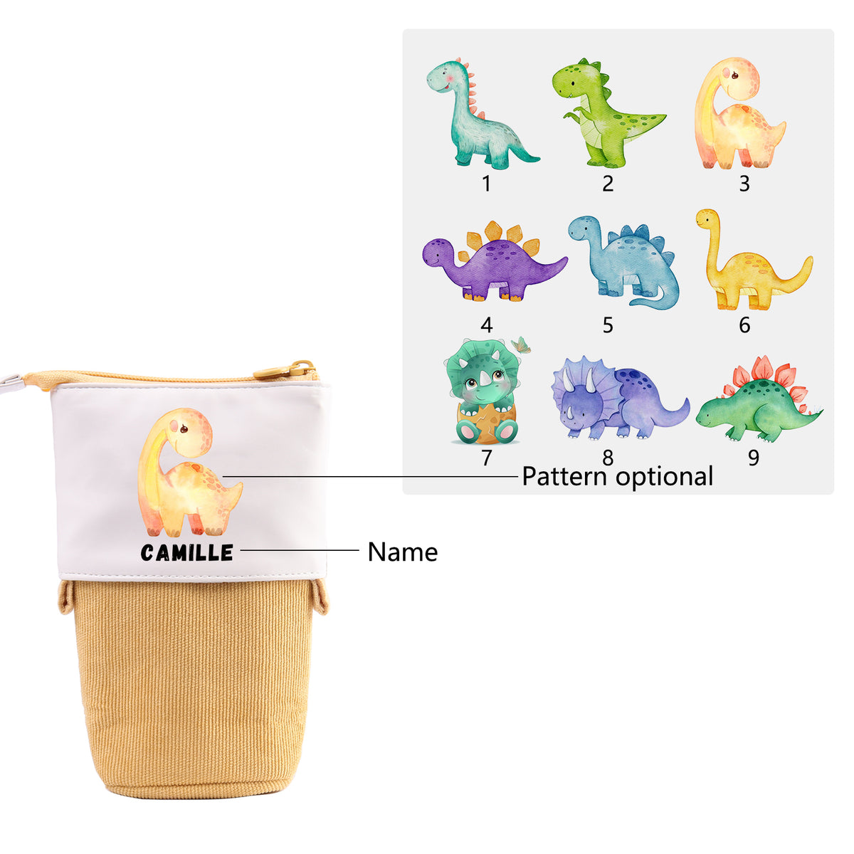 Personalisierter Name & Dinosauriertyp Leinwand PU-Leder Stifteetui Stifttasche