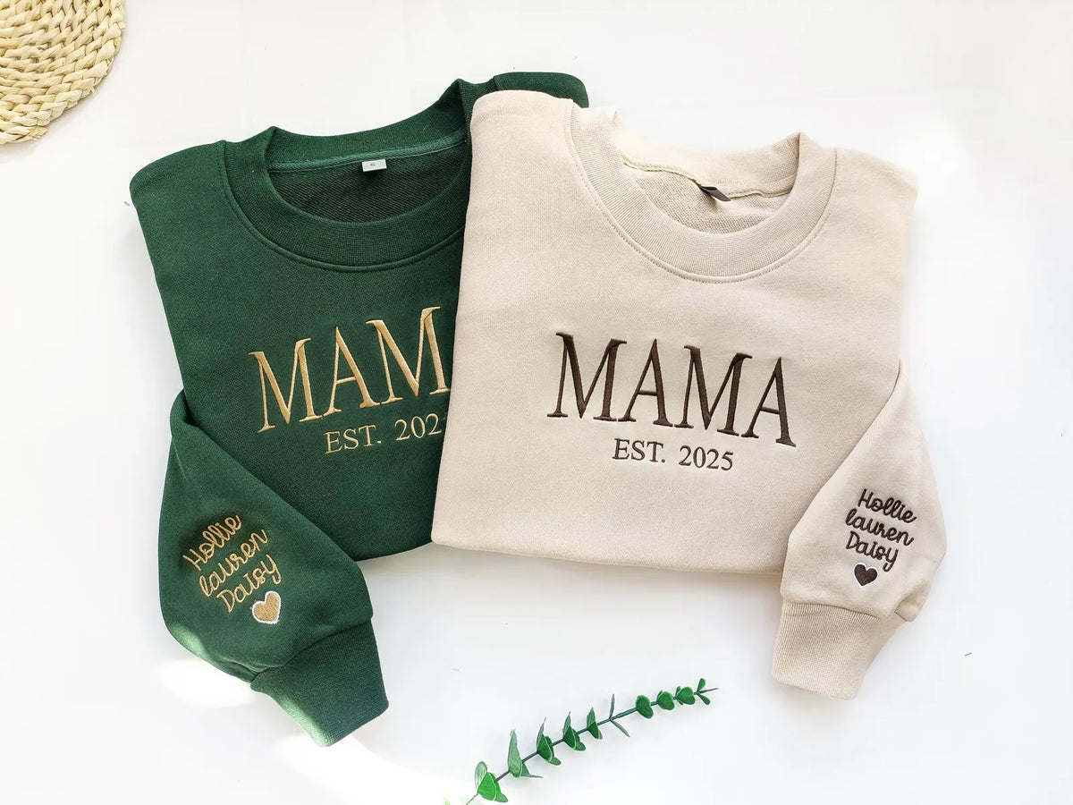 Personalisiertes Mama-Sweatshirt mit Vollstickerei, Outfit für frischgebackene Mütter, Geschenkidee zum Muttertag