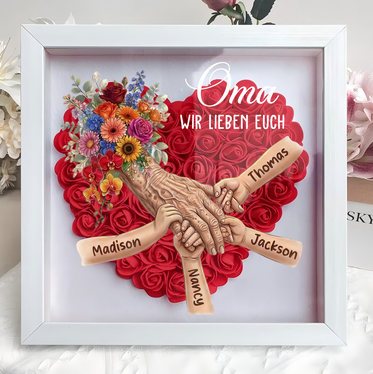 Personalisierte Schattenbox,Oma-Hand hält Schattenbox – Individuell gestalteter Rosenherzrahmen mit Namen für Oma | Muttertagsgeschenk von den Enkelkindern