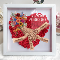 Personalisierte Schattenbox,Oma-Hand hält Schattenbox – Individuell gestalteter Rosenherzrahmen mit Namen für Oma | Muttertagsgeschenk von den Enkelkindern