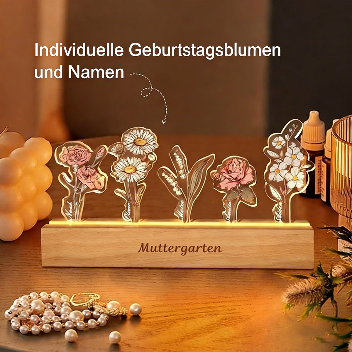 Persönlichkeitsbezogenes Geburtsblumen-3D-Kristall-Acryl-LED-Licht mit den Namen der Kinder
