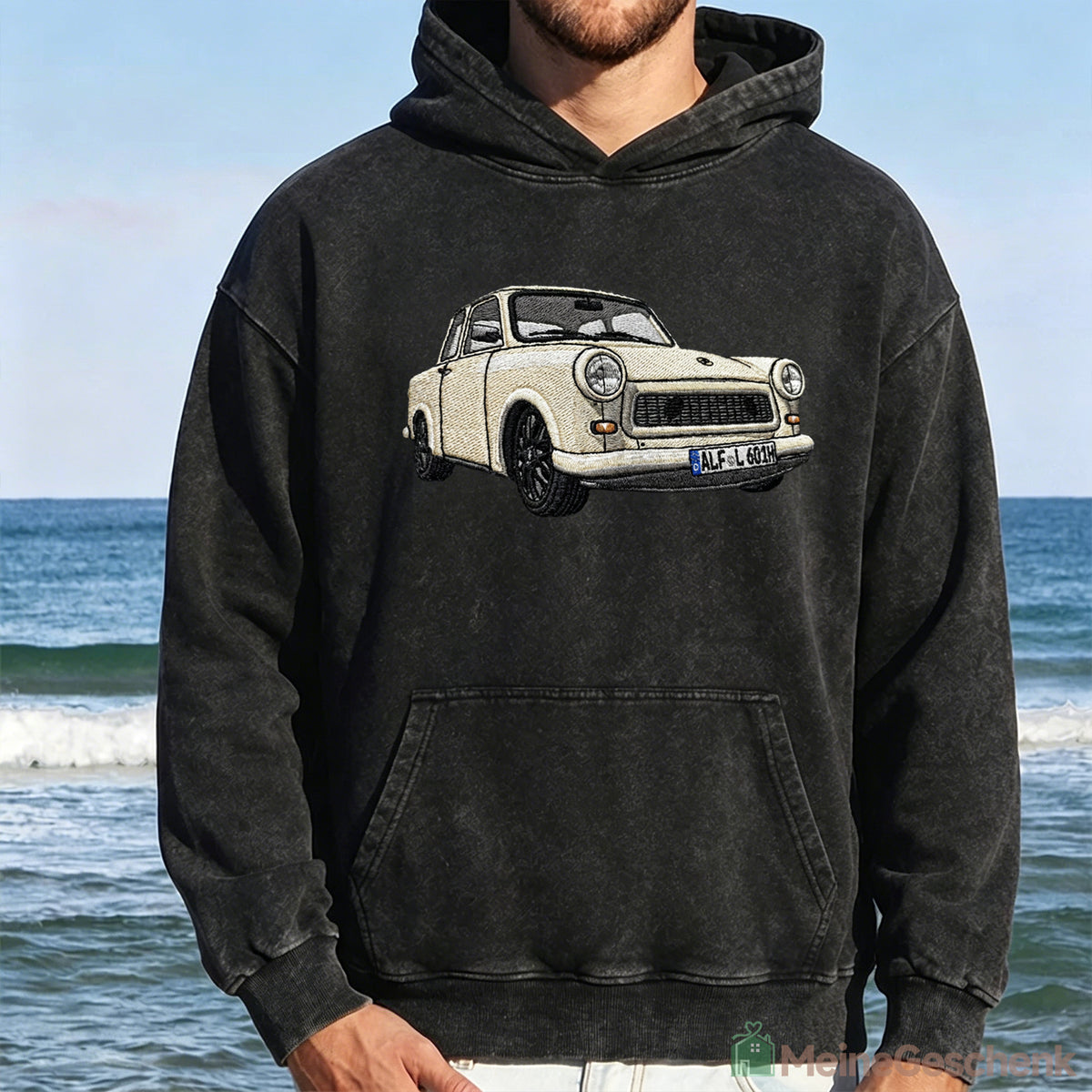 Gewaschener Vintage-Kapuzenpullover mit beidseitiger Auto-Stickerei