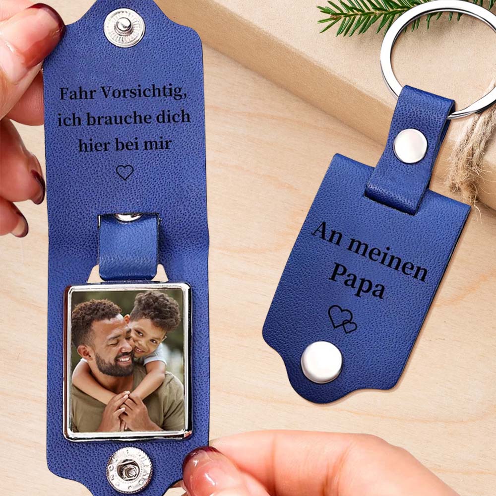 Personalisierter Schlüsselanhänger aus Leder mit Foto und Text – Fahr vorsichtig, ich brauche dich hier bei mir – Geschenk für den Weihnachtsmann