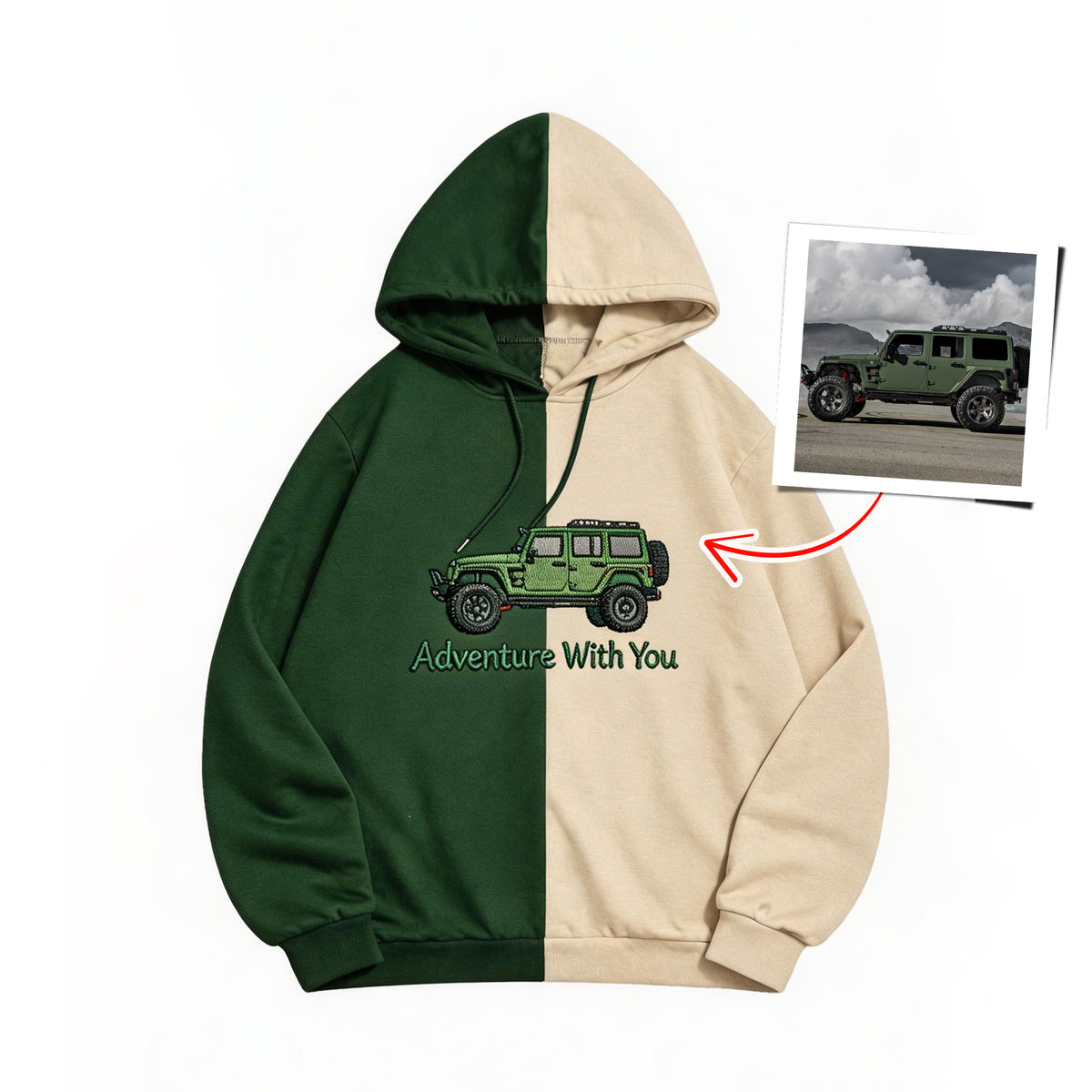 Maßgeschneiderter zweifarbiger Sweatshirt mit Auto-Stickerei – Personalisiertes Fahrzeug-Design 🚗
