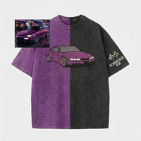Maßgeschneidertes zweifarbiges Vintage-Wasch-T-Shirt mit vollfarbiger Auto-Stickerei – Personalisiertes Geschenk mit Autofoto 🚗