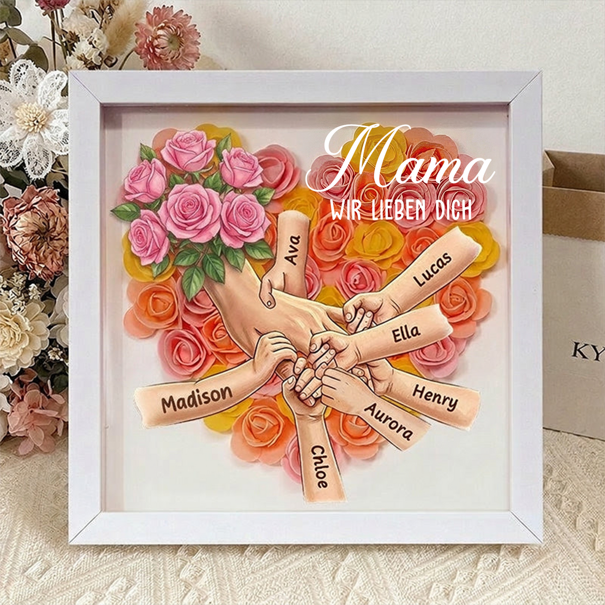 Personalisierte Erinnerungsbox „Mama hält Händchen“ mit rosa Rosen – Individuell gestaltbarer Rahmen zum Muttertag, Geschenk in liebevoller Erinnerung