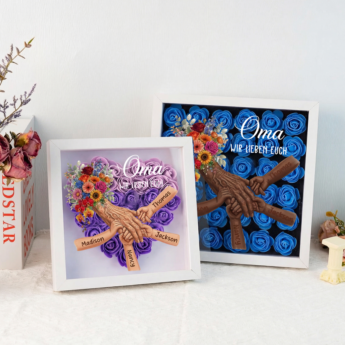Personalisierte Schattenbox,Oma-Hand hält Schattenbox – Individuell gestalteter Rosenherzrahmen mit Namen für Oma | Muttertagsgeschenk von den Enkelkindern