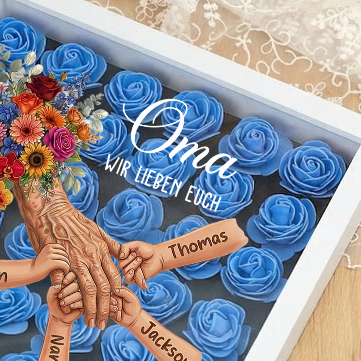 Personalisierte Schattenbox,Oma-Hand hält Schattenbox – Individuell gestalteter Rosenherzrahmen mit Namen für Oma | Muttertagsgeschenk von den Enkelkindern