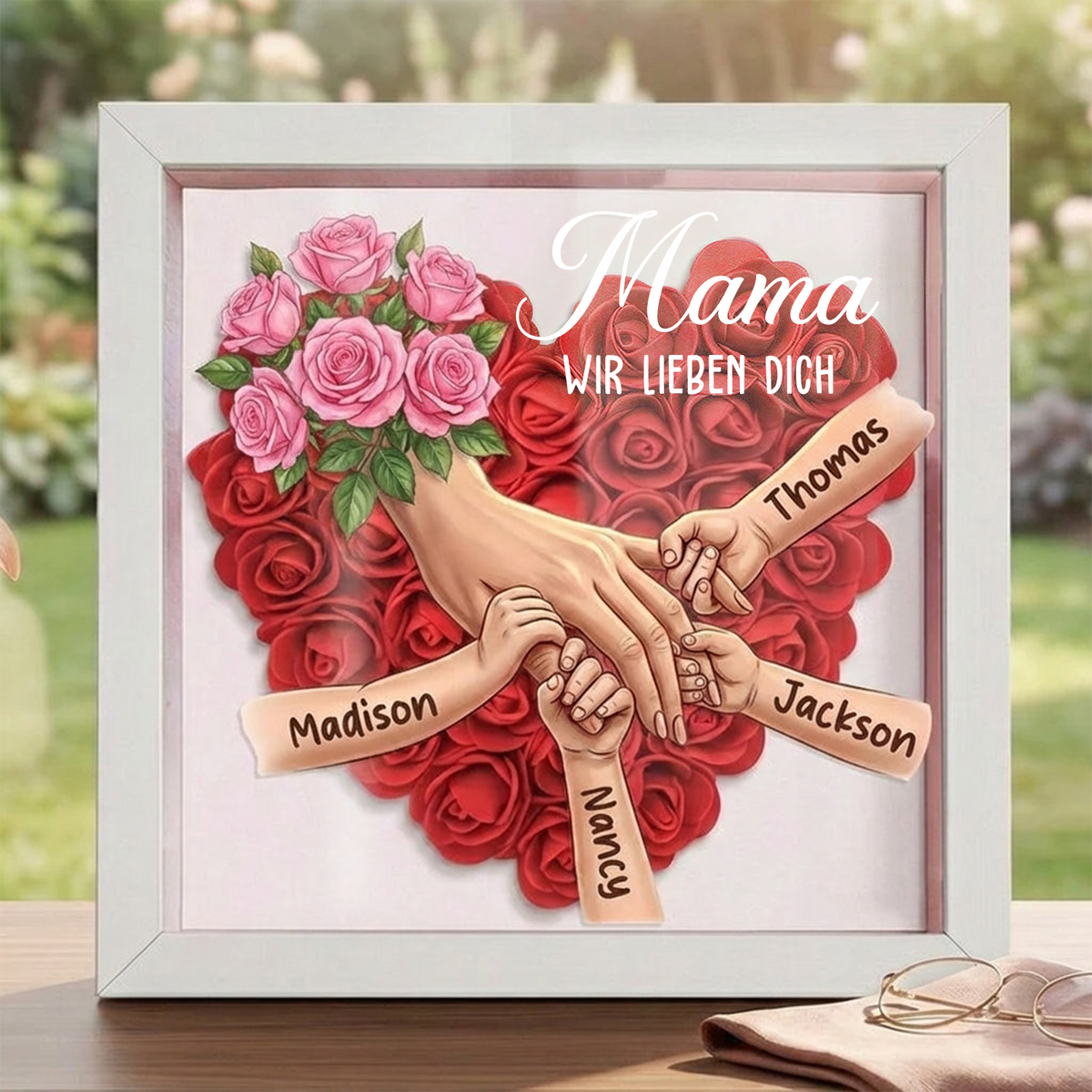 Personalisierte Erinnerungsbox „Mama hält Händchen“ mit rosa Rosen – Individuell gestaltbarer Rahmen zum Muttertag, Geschenk in liebevoller Erinnerung