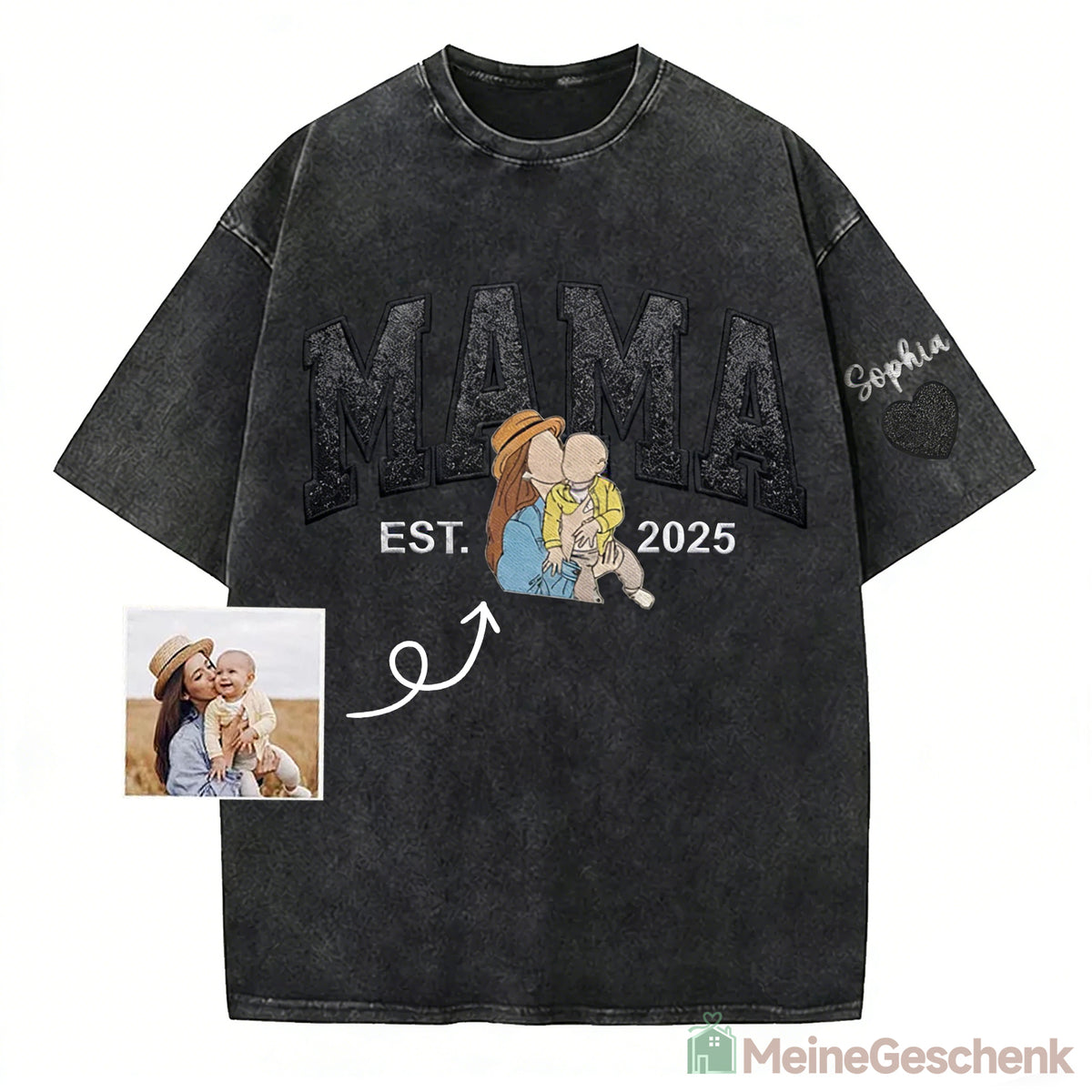 Meinegeschenk Personalisiertes Mama Kids Porträt-Glitzerstickerei Waschungs T-Shirt