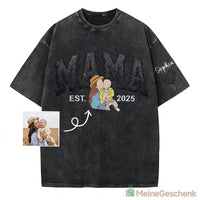 Meinegeschenk Personalisiertes Mama Kids Porträt-Glitzerstickerei Waschungs T-Shirt