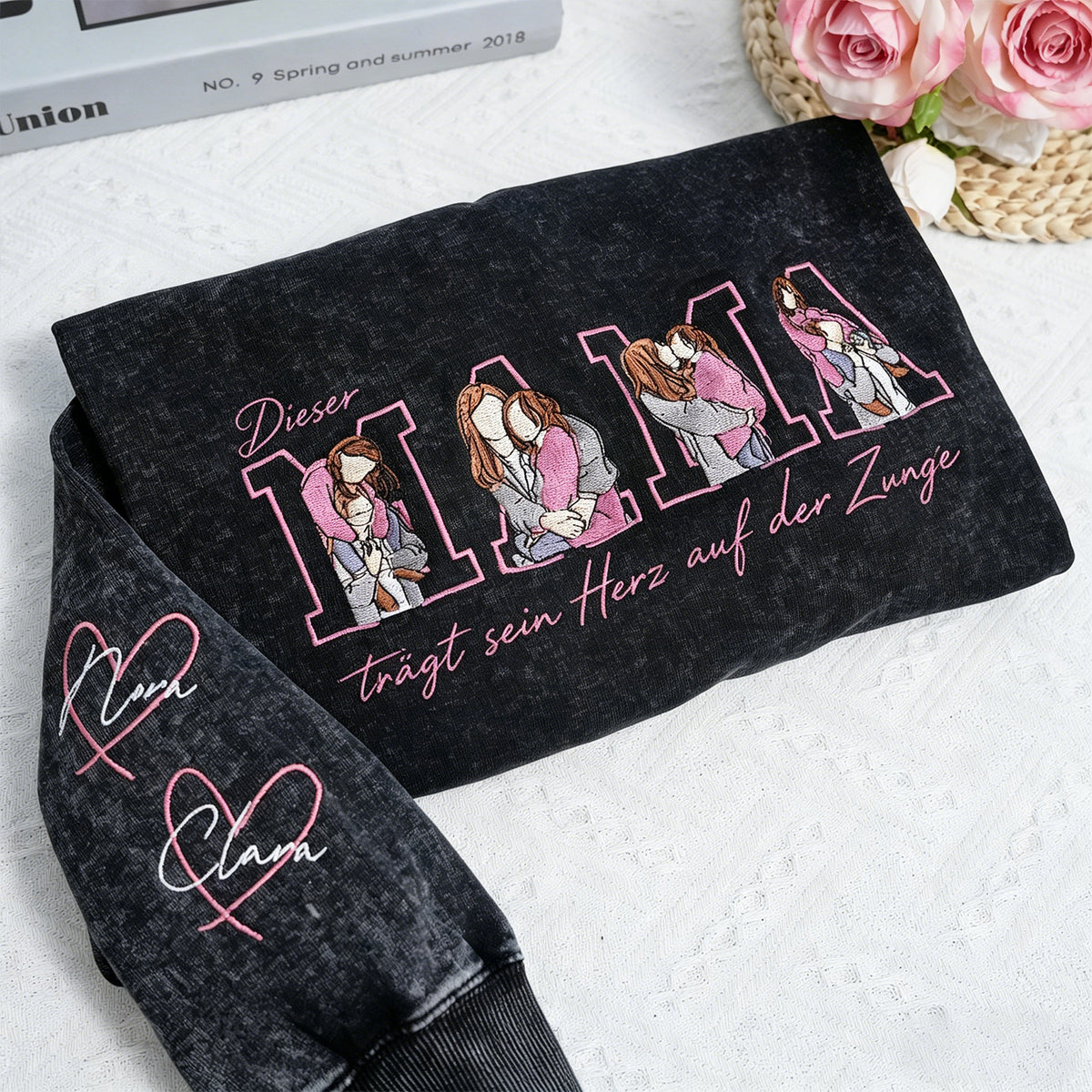 Trag dein Herz auf dem Ärmel – Personalisiertes Mama-Sweatshirt mit bestickten Kindernamen