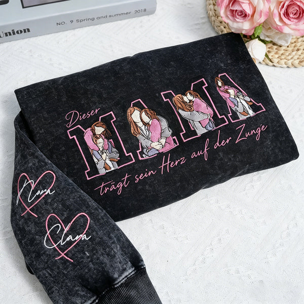 Trag dein Herz auf dem Ärmel – Personalisiertes Mama-Sweatshirt mit bestickten Kindernamen