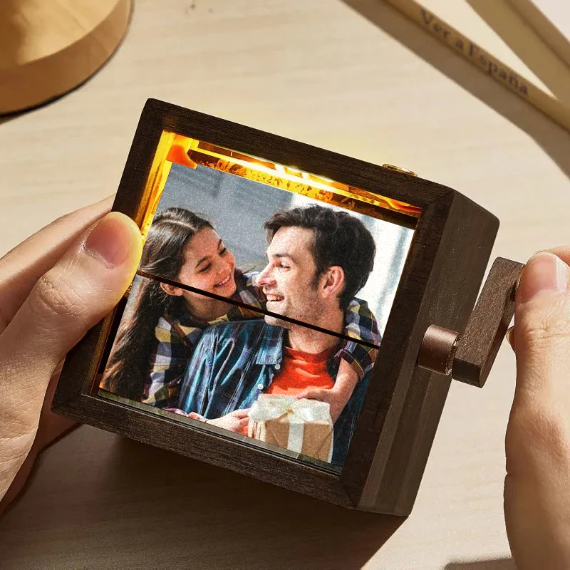 Machine d'animation personnalisée avec cadre flip book, album photo mécanique avec manivelle et lumière, cadre photo pour enfants en bois de noyer noir, cadeau créatif
