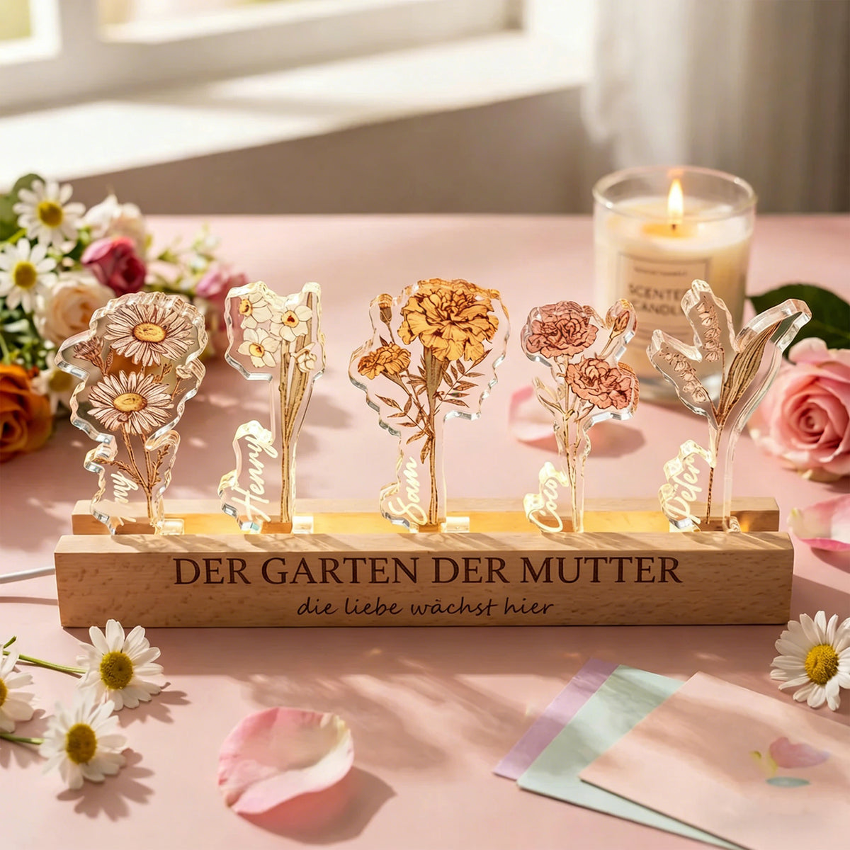 Persönlichkeitsbezogenes Geburtsblumen-3D-Kristall-Acryl-LED-Licht mit den Namen der Kinder