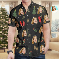 Benutzerdefiniertes Gesicht All Over Print Weihnachts-Hawaii-Hemd, Weihnachtshandschuhe, Krücken-Hemd, Geschenk für Ihn