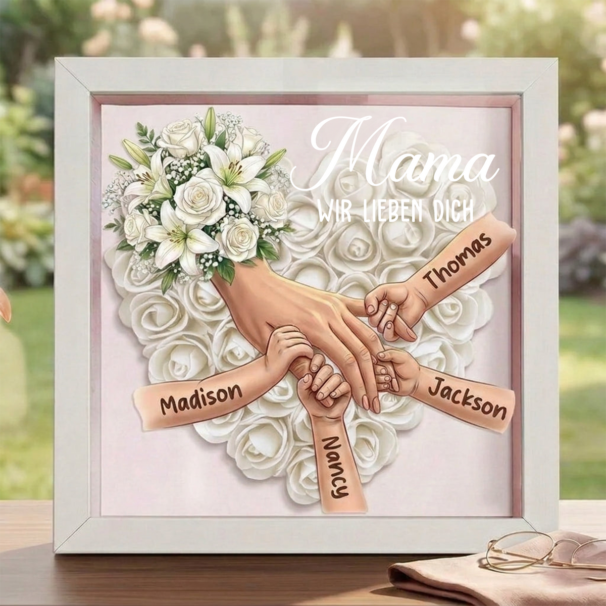 Personalisierte Erinnerungsbox „Wir sind immer bei dir“ – Individuell gestalteter Rahmen mit Händchen haltenden Müttern, Geschenk zum Muttertag