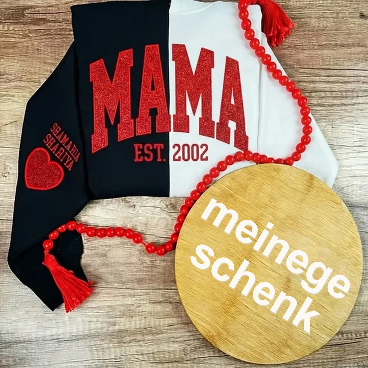 Individuell gestaltetes, zweifarbiges, schimmerndes, besticktes Mama-Sweatshirt, das mit dem Namen Ihres Kindes bestickt werden kann