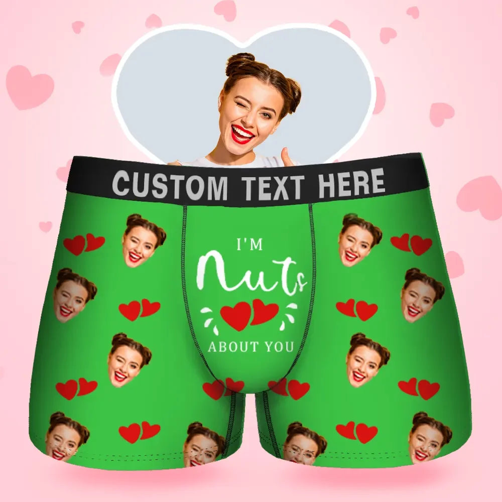 Benutzerdefinierte Gesichts-Herren-Boxershorts im I'M Nuts About You-Stil, Unterwäsche, Geburtstagsgeschenke für Ehemann, Boxer-Geschenk mit Bundtext