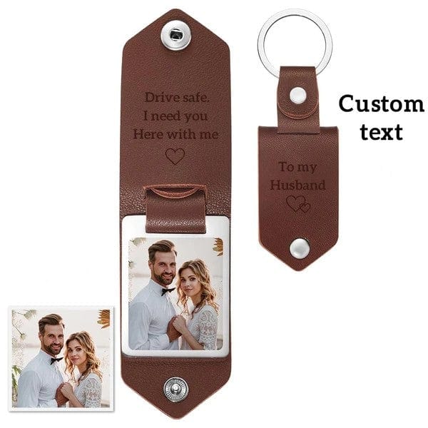 Personalisierte Leder-Schluesselanhaenger mit Foto und Text Jahrestag Geschenk fuer Paare