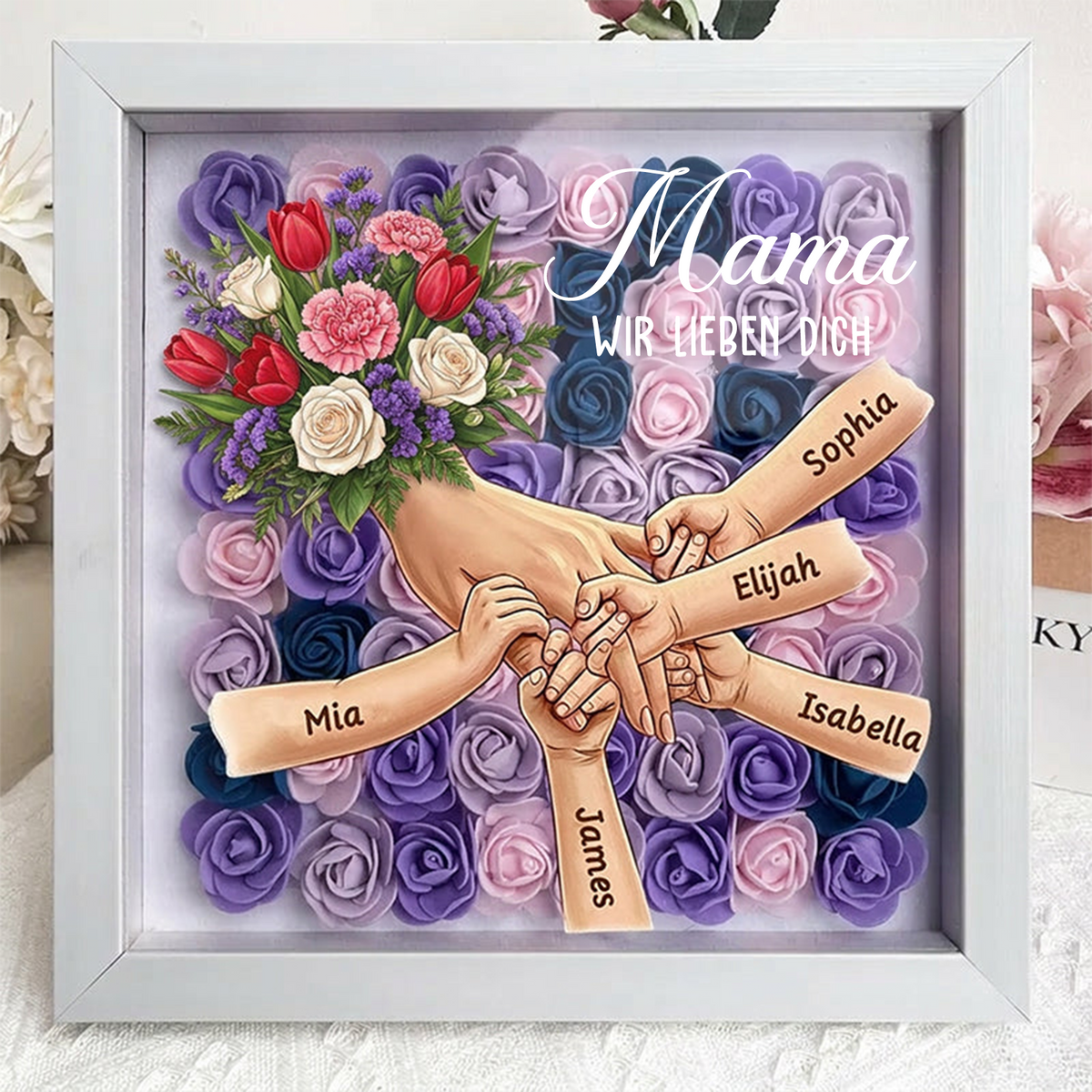 Personalisierte Erinnerungsbox „Mama hält Händchen“ mit weißen Rosen und Nelken – Individuell gestalteter Rahmen zum Muttertag, Geschenk in liebevoller Erinnerung